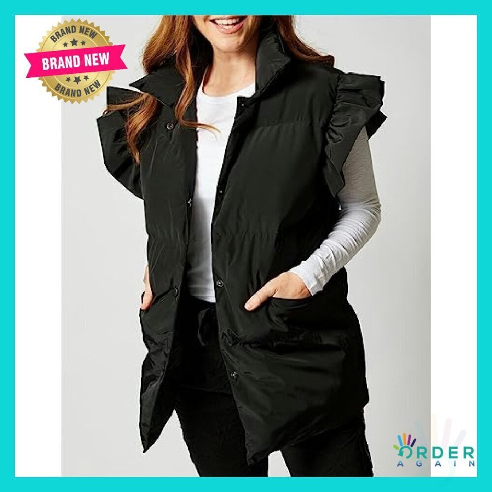 Ruffle Sleeve Puffer Vest Button Down Padded Gilet Chic Winter Outerwear - Picture 4 of 8